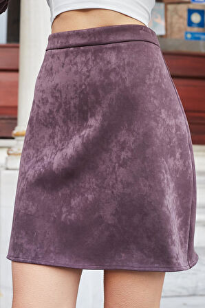 Kadın Hafif Lİkralı Nubuk Kumaş Diz Boy Çan Etek-Kahve