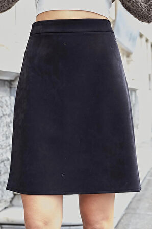 Kadın Hafif Lİkralı Nubuk Kumaş Diz Boy Çan Etek-Siyah