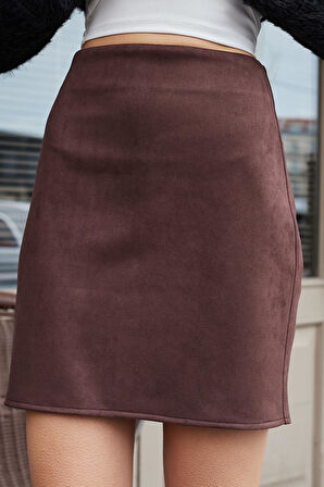 Kadın Likralı Süet Kumaş Hafif Mini Fermuarlı Dİz Üstü Kalem Etek-Kahve