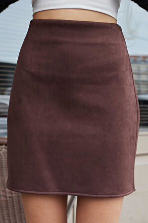 Kadın Likralı Süet Kumaş Hafif Mini Fermuarlı Dİz Üstü Kalem Etek-Kahve