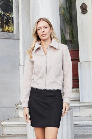 Kadın Likralı Süet Kumaş Hafif Mini Fermuarlı Dİz Üstü Kalem Etek-Siyah