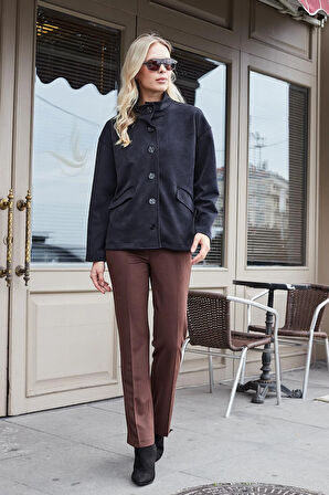 Kadın Diyagonal Yüksek Bel Alman Cepli Boru Paça Pantolon-Kahve 