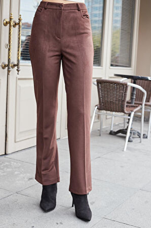 Kadın Diyagonal Yüksek Bel Alman Cepli Boru Paça Pantolon-Kahve 