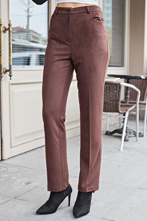 Kadın Diyagonal Yüksek Bel Alman Cepli Boru Paça Pantolon-Kahve 