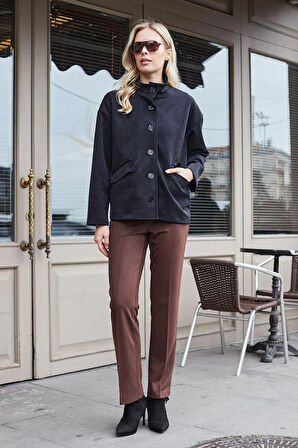 Kadın Diyagonal Yüksek Bel Alman Cepli Boru Paça Pantolon-Kahve 