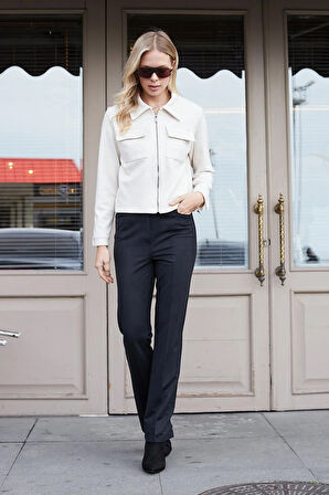 Kadın Diyagonal Yüksek Bel Alman Cepli Boru Paça Pantolon-Siyah 