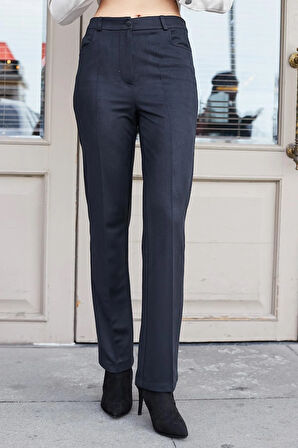 Kadın Diyagonal Yüksek Bel Alman Cepli Boru Paça Pantolon-Siyah 