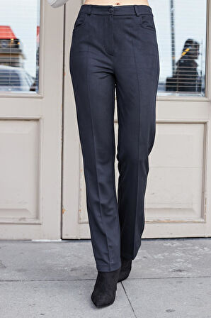 Kadın Diyagonal Yüksek Bel Alman Cepli Boru Paça Pantolon-Siyah 