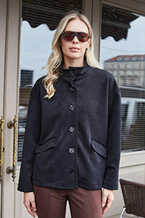 Kadın Hafif Esnek Nubuk Kumaş Yakalı Cepli Düşük Omuzlu Uzun Kol Ceket Mont-Siyah