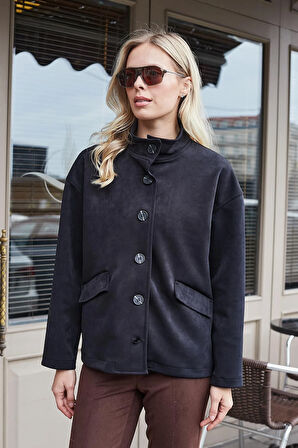 Kadın Hafif Esnek Nubuk Kumaş Yakalı Cepli Düşük Omuzlu Uzun Kol Ceket Mont-Siyah