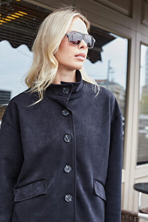 Kadın Hafif Esnek Nubuk Kumaş Yakalı Cepli Düşük Omuzlu Uzun Kol Ceket Mont-Siyah