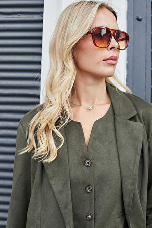 Kadın Süet Dokulu Kumaş Yakalı Capri Kol Cep Kapaklı Blazer Ceket-Haki 