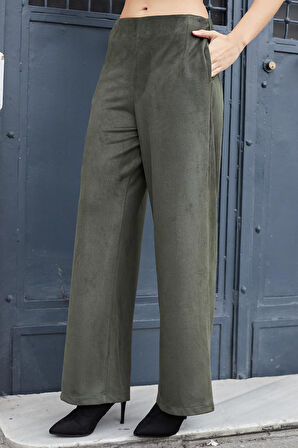 Kadın Süet Dokulu Kumaş Yüksek Bel Yan Cepli Beli Lastikli Bol Paça Palazzo Pantolon-Haki 
