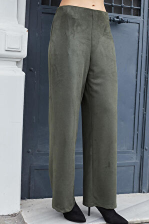 Kadın Süet Dokulu Kumaş Yüksek Bel Yan Cepli Beli Lastikli Bol Paça Palazzo Pantolon-Haki 