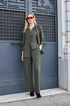 Kadın Süet Dokulu Kumaş Yüksek Bel Yan Cepli Beli Lastikli Bol Paça Palazzo Pantolon-Haki 