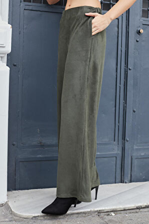 Kadın Süet Dokulu Kumaş Yüksek Bel Yan Cepli Beli Lastikli Bol Paça Palazzo Pantolon-Haki 