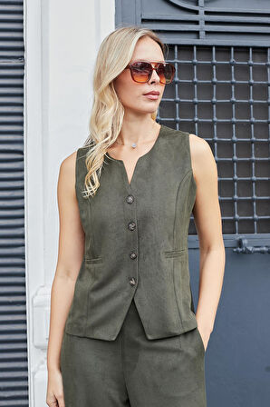 Kadın Süet Dokulu Kumaş Geniş Sıfır Yakalı Flato Cepli Yelek-Haki 