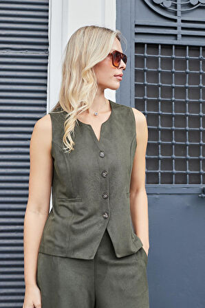 Kadın Süet Dokulu Kumaş Geniş Sıfır Yakalı Flato Cepli Yelek-Haki 