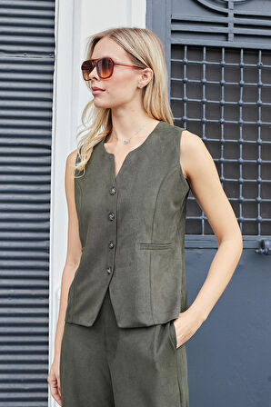 Kadın Süet Dokulu Kumaş Geniş Sıfır Yakalı Flato Cepli Yelek-Haki 