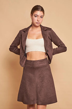 Hafif Likralı Süet Kumaş Flato Cepli Uzun Kol Kısa Blazer Ceket-Kahve