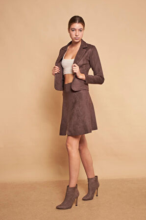 Hafif Likralı Süet Kumaş Flato Cepli Uzun Kol Kısa Blazer Ceket-Kahve