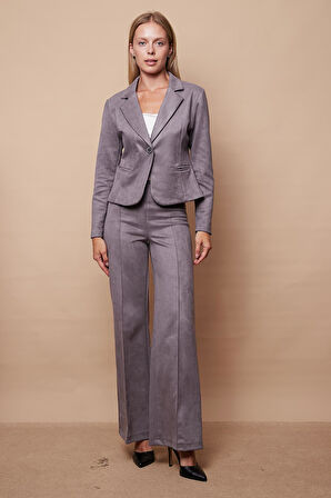 Hafif Likralı Süet Kumaş Flato Cepli Uzun Kol Kısa Blazer Ceket-Gri