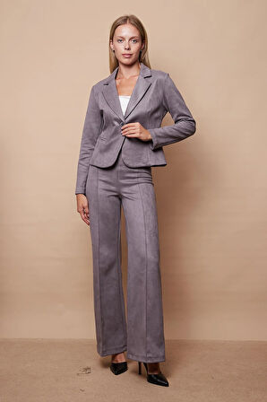 Hafif Likralı Süet Kumaş Flato Cepli Uzun Kol Kısa Blazer Ceket-Gri