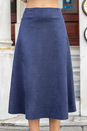 Hafif Likralı Süet Kumaş Yüksek Bel Kiloş Uzun Etek-Lacivert 