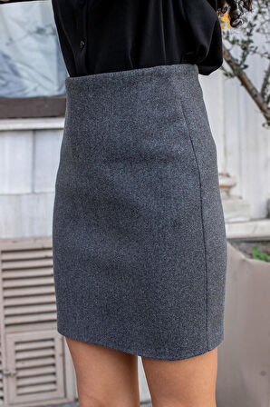 Kadın Hafif Likralı Kışlık Kaşe Yüksek Bel Diz Üstü Hafif Mini Kalem Etek - Antrasit 