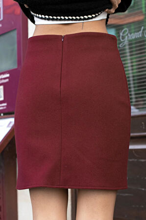Kadın Hafif Likralı Kışlık Kaşe Yüksek Bel Diz Üstü Hafif Mini Kalem Etek - Bordo 