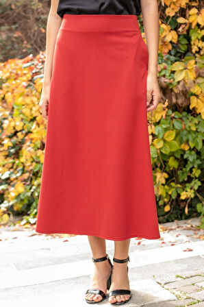 Kadın Yüksek Bel Cepli Şık Kumaş Midi Boy Diz Altı Kiloş Çan Etek-Kırmızı