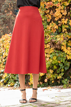 Kadın Yüksek Bel Cepli Şık Kumaş Midi Boy Diz Altı Kiloş Çan Etek-Kırmızı