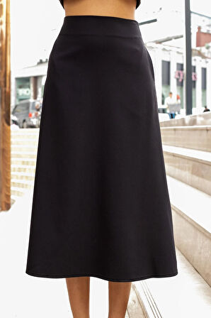 Kadın Yüksek Bel Cepli Şık Kumaş Midi Boy Diz Altı Kiloş Çan Etek-Siyah