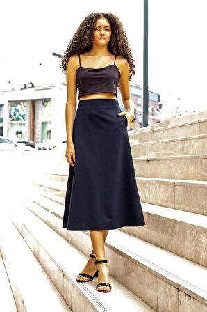 Kadın Yüksek Bel Cepli Şık Kumaş Midi Boy Diz Altı Kiloş Çan Etek-Lacivert