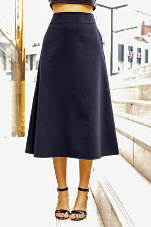 Kadın Yüksek Bel Cepli Şık Kumaş Midi Boy Diz Altı Kiloş Çan Etek-Lacivert