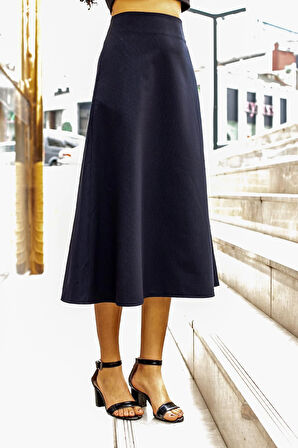 Kadın Yüksek Bel Cepli Şık Kumaş Midi Boy Diz Altı Kiloş Çan Etek-Lacivert