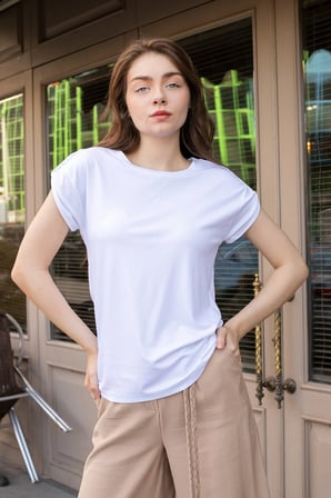 Kadın Modal Penye Geniş Sıfır Yaka Düşük Omuzlu Apoletli Kısa Kol T-shirt Bluz-Beyaz