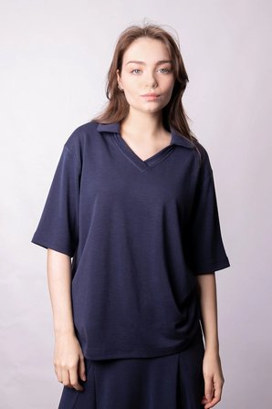 Kadın Yumşak Dokulu Esnek Kumaş V Yaka Yakalı Düşük Omuzlu Dirsek Boy Kollu Oversize Bluz-Lacivert