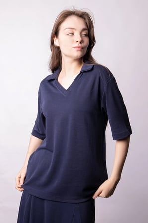 Kadın Yumşak Dokulu Esnek Kumaş V Yaka Yakalı Düşük Omuzlu Dirsek Boy Kollu Oversize Bluz-Lacivert