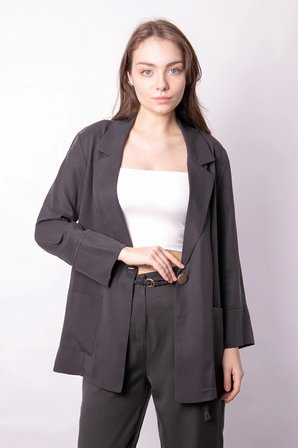 Kadın Baharlık Kumaş Rahat Kesim Yakalı Cepli Kolu Katlamalı Boyfriend Blazer Ceket-Antrasit