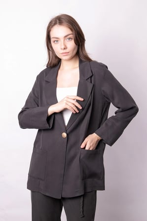 Kadın Baharlık Kumaş Rahat Kesim Yakalı Cepli Kolu Katlamalı Boyfriend Blazer Ceket-Antrasit