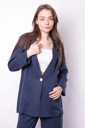 Kadın Baharlık Kumaş Rahat Kesim Yakalı Cepli Kolu Katlamalı Boyfriend Blazer Ceket-Lacivert