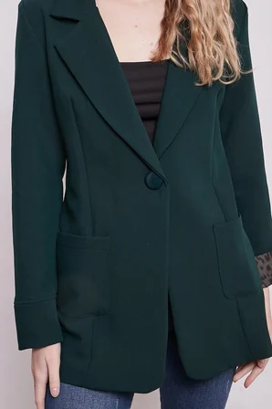 Yakalı Cepli Uzun Kol Kolu İsterse Katlanabilen Kumaş Blazer Ofis Ceket-Zümrüt