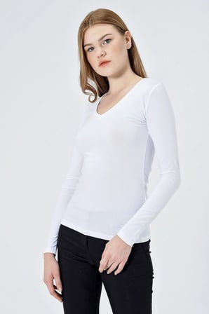 V Yaka Uzun Kol Pamuklu Likralı Body-Beyaz 