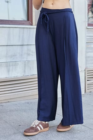 Kadın Lİkrasız Keten Görünümlü Yüksek Bel Yan Cepli Beli Bağcıklı Bol Paça Pantolon-Lacivert