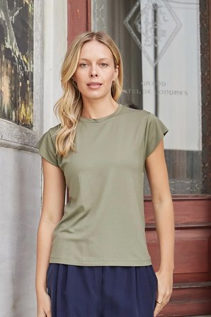 Kadın İpeksi Kumaş Geniş Sıfır Yaka Kısa Kol Tshirt Bluz-Haki 
