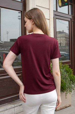 Kadın V Yaka Kısa Kol Likralı Span Kumaş Şık T-shirt Bluz-Bordo 