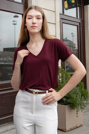 Kadın V Yaka Kısa Kol Likralı Span Kumaş Şık T-shirt Bluz-Bordo 