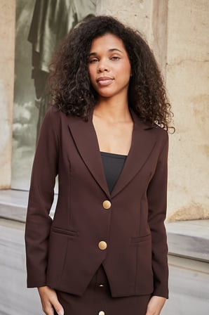 Kadın Yakalı Çift Düğmeli Flato Cepli Uzun Kol Blazer Esnek Premium Kumaş Ceket-Kahve