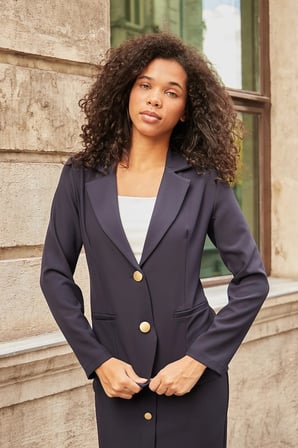 Kadın Yakalı Çift Düğmeli Flato Cepli Uzun Kol Blazer Esnek Premium Kumaş Ceket-Lacivert